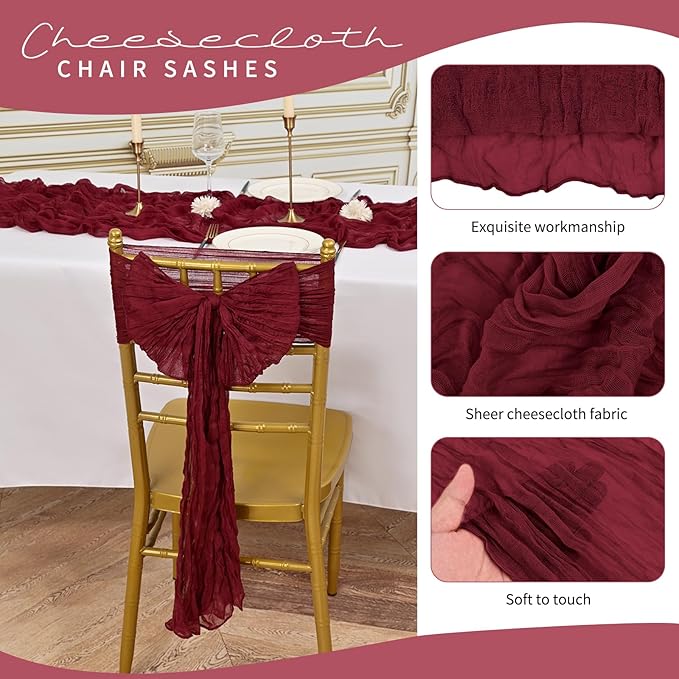 50 PCS Cheesecloth Chair Sashes, Bows Designed ChairSashes, 15.7x108 inch Chair Sashes for Aisle Decorations Universal Chairs Cover Decoration for Wedding Reception Party Banquet (Burgundy)