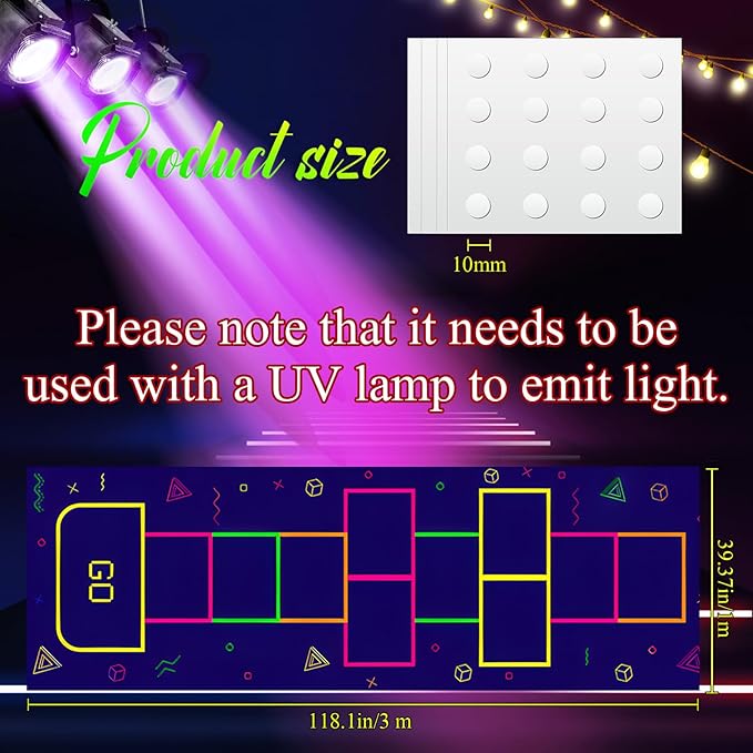 Haull 118 x 39 Inch Neon Light up Dance Floor Glow in The Dark Runner UV Reactive Blacklight Floor Aisle Runner Decor Wall Props for 80s 90s Neon Birthday Party Decorations(Hopscotch)