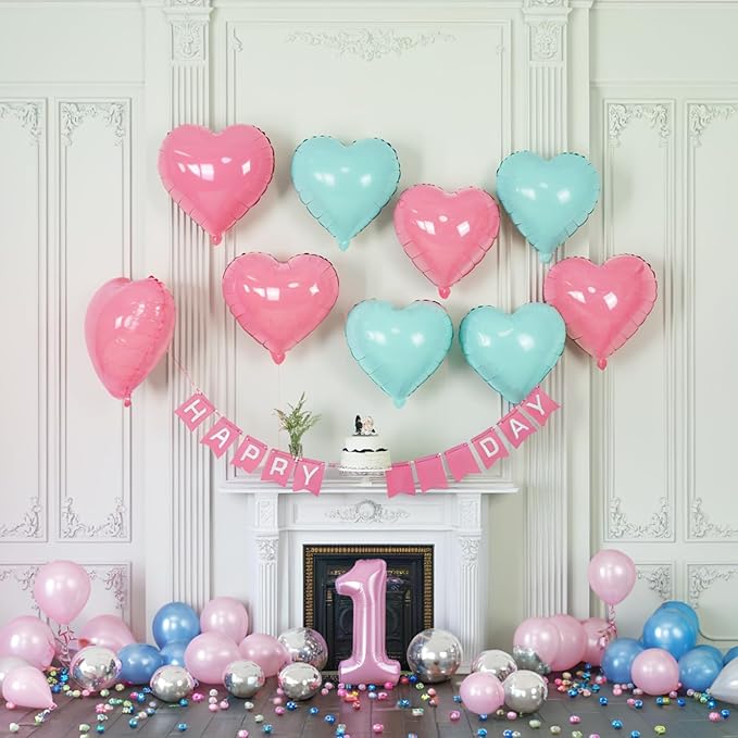Pink Blue Balloons,12Pcs 18 Inch Macaron Foil Love Heart Shaped Balloons for Boy Girl Gender Reveal Bridal Engagement Wedding Anniversary Birthday Party Graduation Valentines Day Decorations