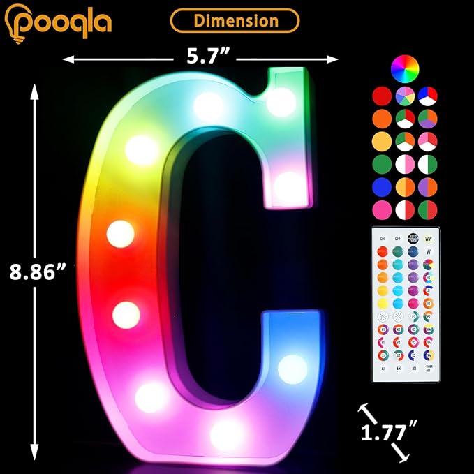 Pooqla Colorful Light Up Letters with Remote, Upgraded 35 Colors LED Marquee Letters, RGB Lighted Letter for Girls Teenager Gift, Birthday, Party, Wedding, Night Light, Room, Bedroom Decor, Letter C