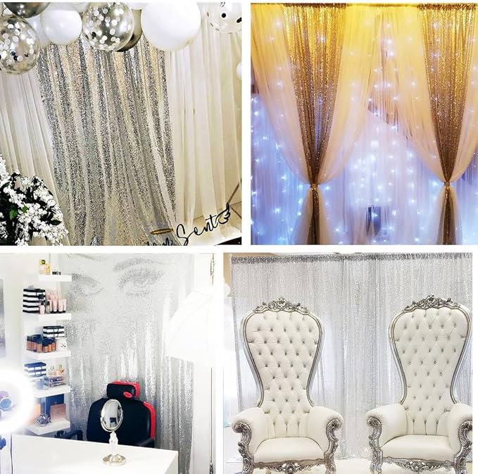Poise3EHome Silver Sequin Backdrop Curtain, 4 PCS 3FT x 8FT Sequin Panels for Backdrop,Sequence Wedding Party Background Drapes