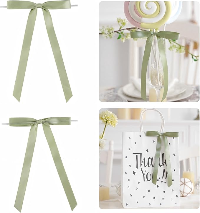 50 PCs Sage Green Bow 5 Inch Long Tail Bows for Gift Wrapping, Wedding Bow Party Decorations, Twist Tie Bows, Satin Bows for Crafts, Premade Bows for Presents, Treat Bags, Bottles, Cakes