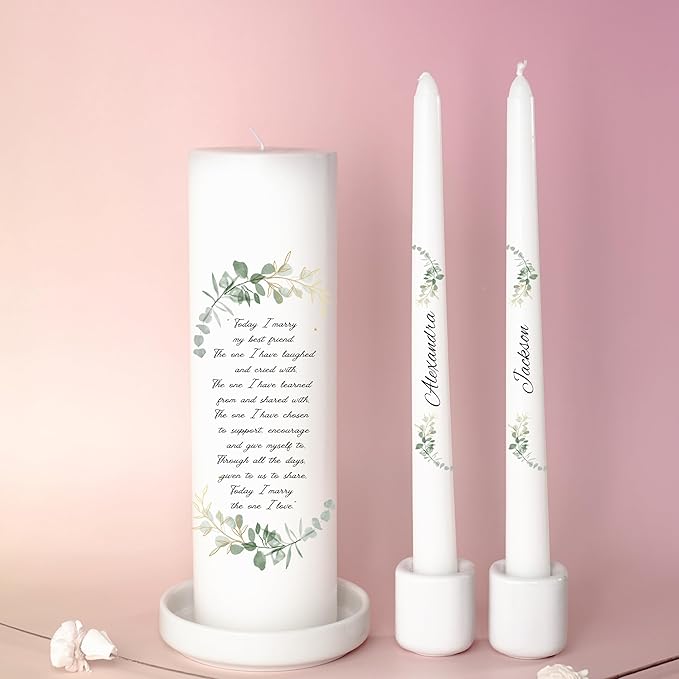 Unity Candles for Wedding, Modern Unity Set, Custom and Personalized Taper Candles with Bible Quote, Unscented White Premium Wax, Religious and Wedding Ceremony, Special Events (Custom Names)
