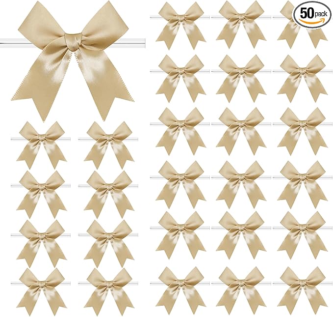 50 PCS Twist Tie Bows Satin Ribbon Bows 3.3 Inch Gift Wrap Bows Craft Bows for Gift Wrapping, Party Decorations Gifts Bag DIY Treat Bags Wedding Decor Baby Shower Christmas (Golden)