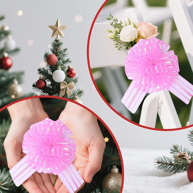6 Pcs 6 Inch Large Organza Pull Bow Ribbon – Elegant Gift Bows for Wedding Decorations, Christmas Wrapping, Birthday Parties, Car Decor, Gift Baskets, and Valentine's Day Packaging(Pink)