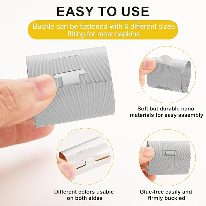Polymer Material Reusable Napkin Band, Glue-Free Tear-Proof Water Resistant Oil-Proof Napkin Bands Set of 200(Front Silver Rose and Back Silver Color), 6 Adjustable Sizes Napkin Rings