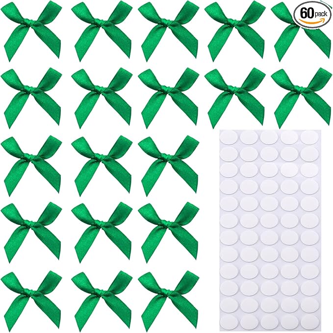 60pcs 1.7" Mini Green Ribbon Bows Decor – Small DIY Satin Bows for Crafts, Little Bows for Gift Wrapping, Tiny Bow Stickers for Note Card Bow Baby Shower Cake and Candle Decorations