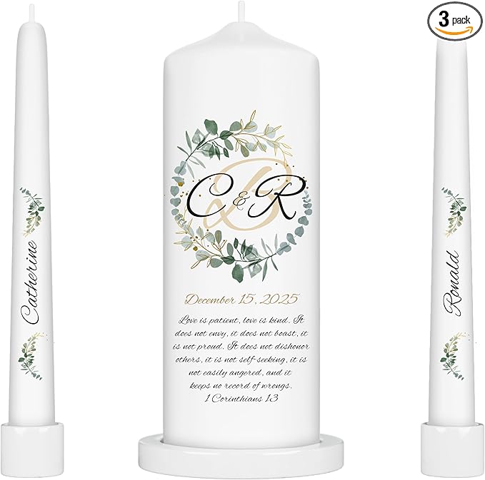 Unity Candles for Wedding, Modern Unity Set, Custom and Personalized Pillar and Taper Candles with Bible Quote, Unscented White Premium Wax, Religious and Wedding Ceremony, Special Events (Zinnia)