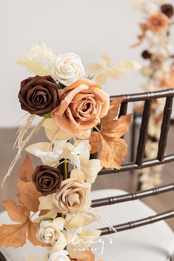 Ling's Moment Fall 10pcs Wedding Chair Decorations Aisle Floral Swag Artificial Pew Flowers Hanging Garland Terracotta Rust & Sepia for Ceremony Reception Church Rose Floral Arrangement Party Outdoor
