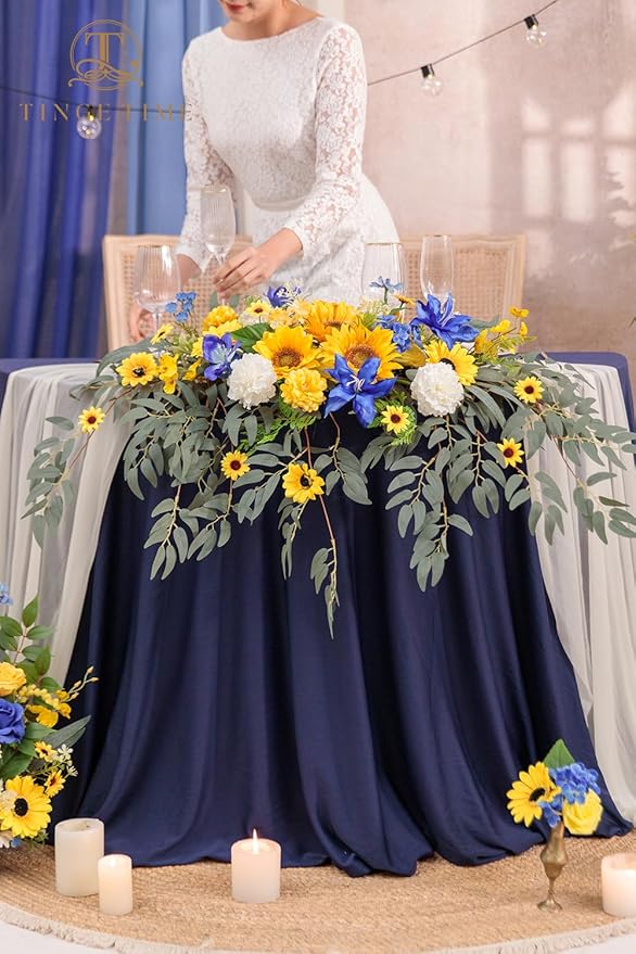 TINGE TIME Artificial Sweetheart Flower Swag with Tablecloth and Table Runner, Pack of 3 Floral Arrangement for Wedding Sweetheart Table Centerpiece Decoration Valentine's Day (Sunflower&RoyalBlue)