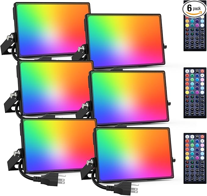 Onforu 6 Pack RGB LED Flood Light Outdoor, 50W Color Changing Uplights with Remote, 2700K Warm White IP66 Stage Lighting, Landscape Floor Spotlights Indoor, Uplighting Indoor Floor Light for Christmas