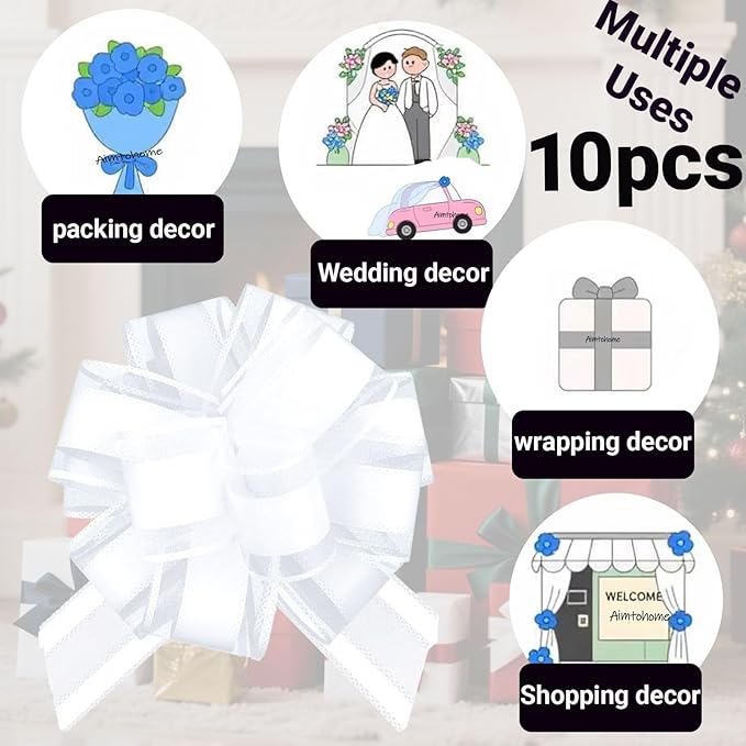 Small Pull Bows, 10 PCS 4 Inch White Gift Bows for Wrapping,Basket, Wedding,Birthday Party,Flower Bouquet Decoration