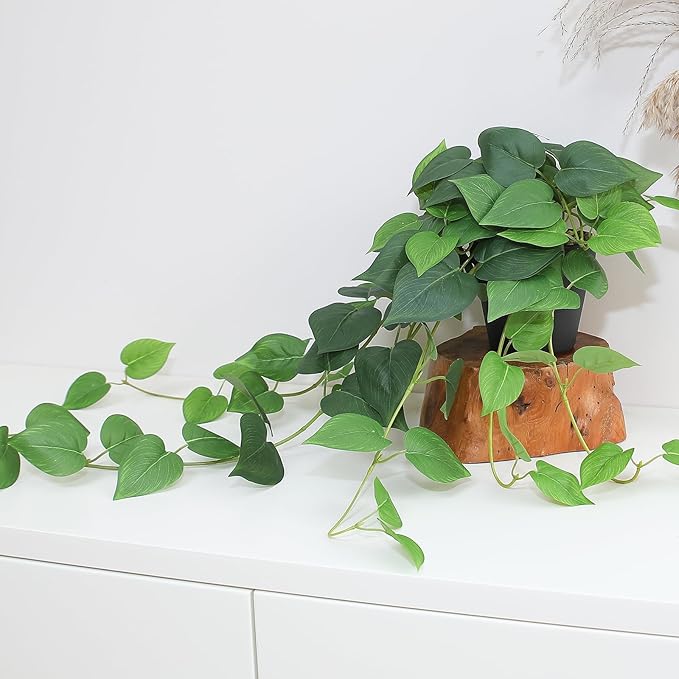 Fake Pothos Hanging Plants – 33" Set of 2 Faux Ivy Vines with Pots, Realistic Silk Devil’s Ivy for Indoor Décor, Low Maintenance Artificial Greenery for Home or Office (Green)