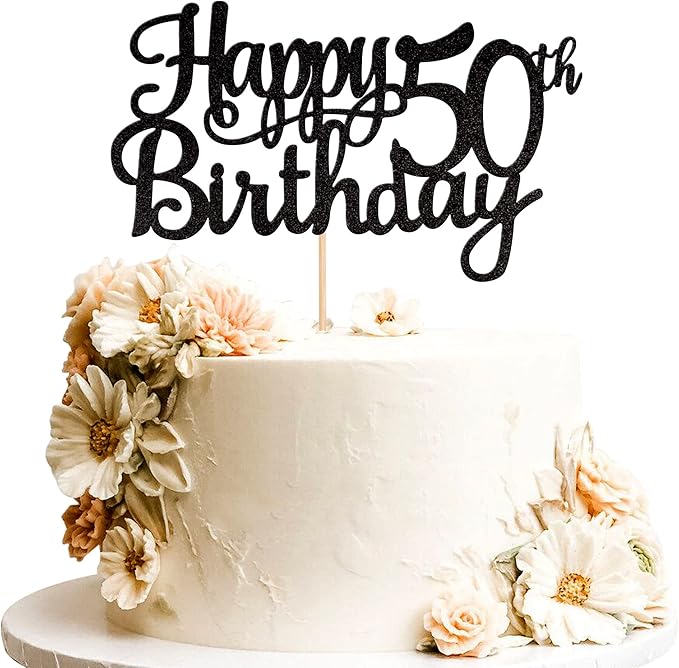 1 PCS Happy 50th Birthday Cake Topper Glitter Cheers to 50 Years Birthday Cake Pick 50 Fabulous Cake Decoration for Happy 50th Birthday Anniversary Party Decorations Supplies Black