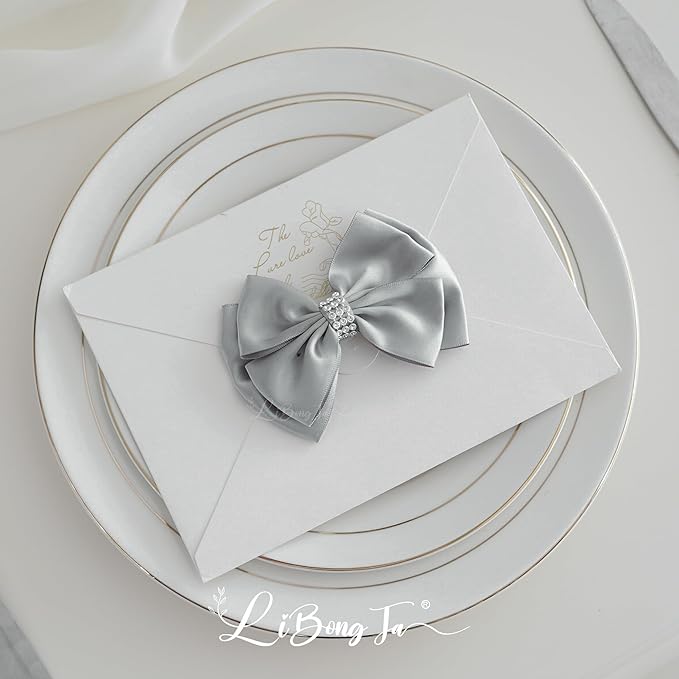 Silver Satin Bows 4'' Premade Ribbon Bow, Silver Gift Bows with Rhinestone, Wrapping Bows for Presents, Greeting Cards, Treat Bags, Wine Bottles, Valentines Bows for Gift Wrapping-12 Counts