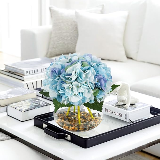 N&T NIETING Artificial Hydrangea Flowers with Vase Blue Silk Fake Flowers Faux Hydrangea Flowers with Faux Water Riverstones for Home Office Table Room Wedding Centerpiece Decorations