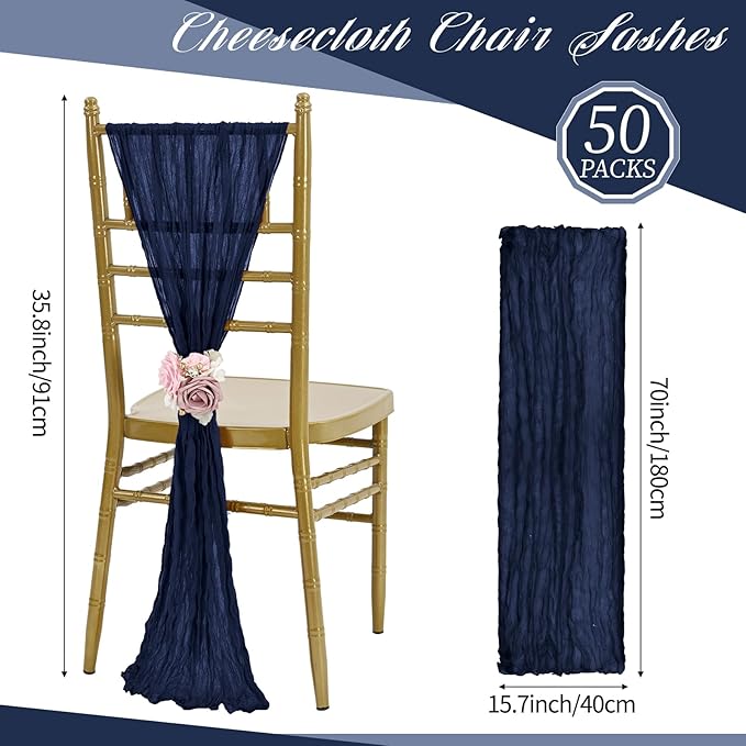 50 PCS Cheesecloth Chair Sashes, Bows Designed ChairSashes, 15.7x70 inch Chair Sashes for Aisle Decorations Universal Chairs Cover Decoration for Wedding Reception Party Banquet (Navy Blue)