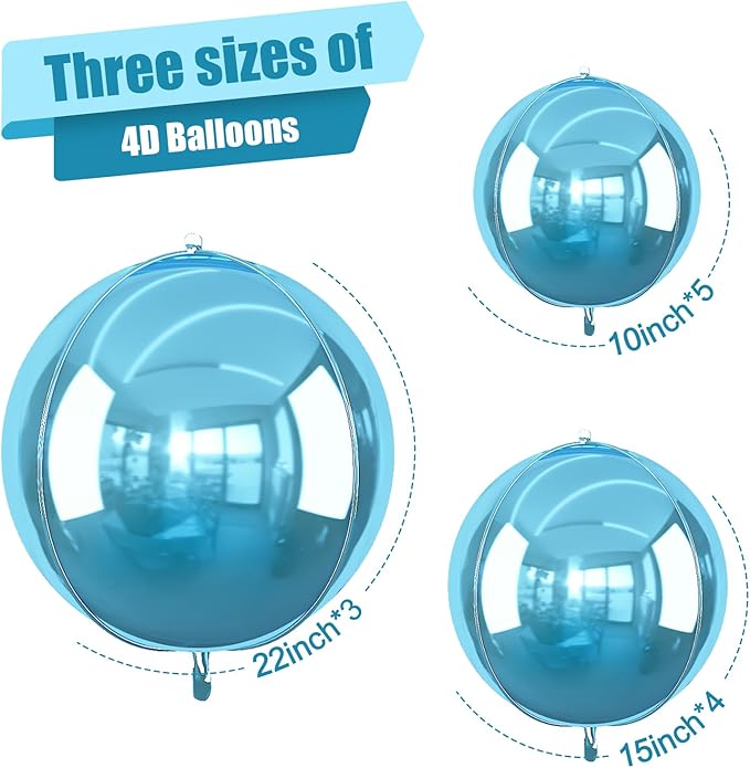 12Pcs Light Blue Round Foil Balloons, 22" 15" 10" 4D Helium Ball Balloon, Metallic Pearl Blue Foil Balloon for Birthday Graduation Wedding Anniversary New Year Eve Disco Prom Party Decorations