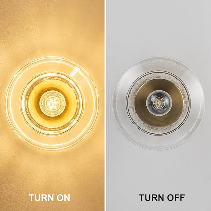 Golden Semi Flush Mount Ceiling Light - Includes 900LM Bulb (60W Eqv) - Clear Glass & Brass Fixture for Hallway, Bathroom, Kitchen Lighting