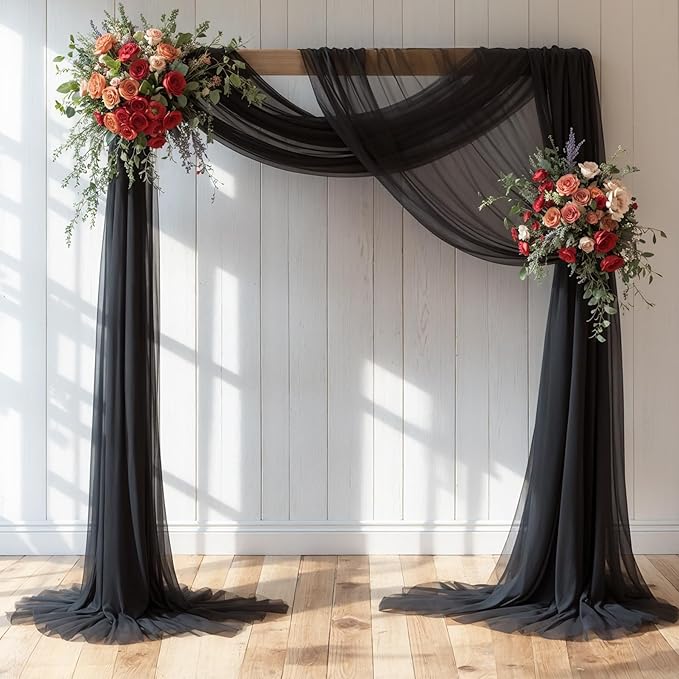 Wedding Arch Draping Fabric,2 Panels 18FT Black Sheer Chiffon Curtain Drapes 6 Yards for Wedding Ceremony Birthday Party Decoration
