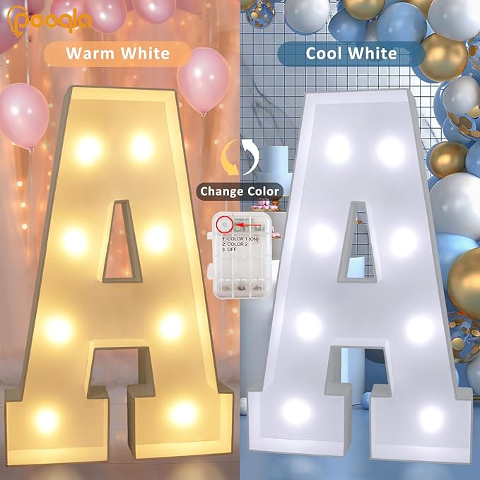 Pooqla 3FT Light Up Marquee Letters, Cool White and Warm White LED Large Lighted Marquee Letters, Giant Mosaic Letter Sign for Balloons Birthday Anniversary Wedding Party Decoration, LED A