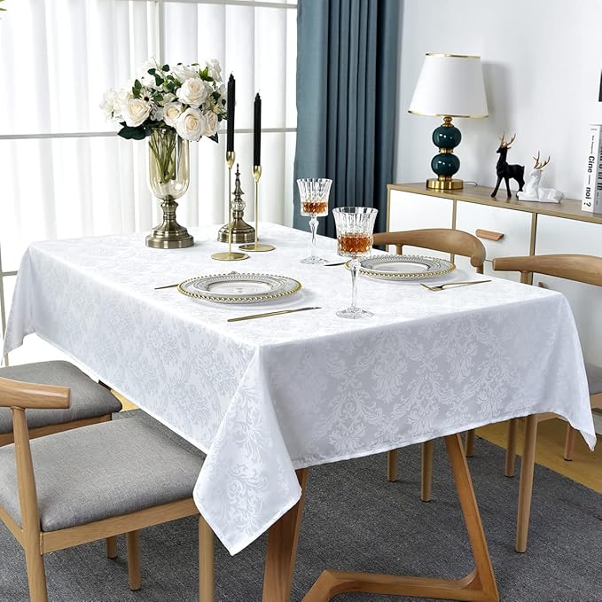 SASTYBALE White Tablecloth Rectangle 60 x 84 Inch Jacquard Damask Tablecloth, Waterproof & Stain Resistant Soft Polyester Tables Cloth, Washable Table Cover for Dining, Party, Indoor, Outdoor