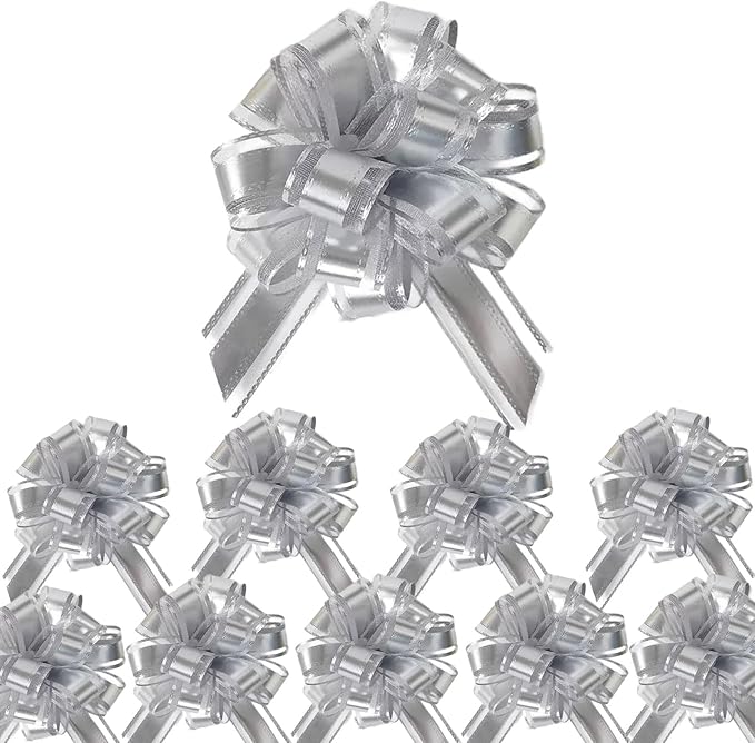 Small Pull Bows, 10 PCS 4 Inch Silver Gift Bows for Wrapping,Basket, Wedding,Birthday Party,Flower Bouquet Decoration