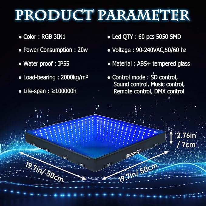 Dance Floor Stage Lights-Tempered Glass with Flight Case - RGB Color Changing Lights for Wedding, Party, Club - Non-Slip (3D-Magnetic, 20 * 20FT)