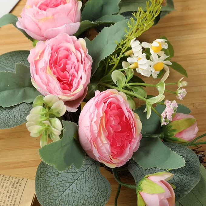 H&W 2pcs Artificial Wedding Arch Flowers for Wedding Sign, Floral Swag Dusty Decor for Reception Ceremony Backdrop Sweetheart Table(Willow Leaves-Peony-Pink)
