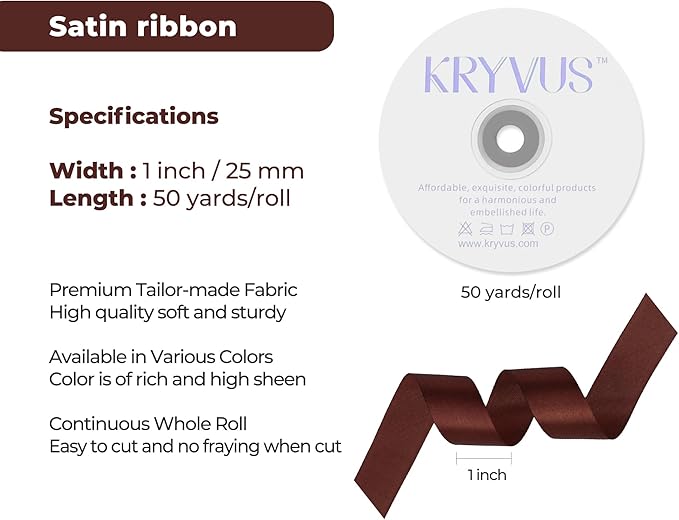 Coffee Brown Satin Ribbon 1 inch X Continuous 50 Yards, Single Face Polyester Ribbon Perfect for Gift Wrapping, Flower Bouquet, Wedding Decor, Crafts, Bow Making, Sewing and More