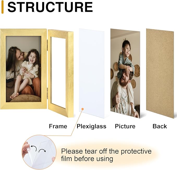 decorUhome Double 8x10 Picture Frame Vertical, Engineered Wood Bifold Photo Frame with Plexiglass for Tabletop Display, 8x10, Gold