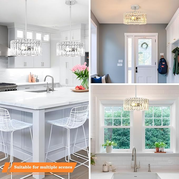 Modern Crystal Chandelier for Dining Room, Chrome Semi Flush Mount Ceiling Light Fixtures, Round Kitchen Hanging Drum Pendant Lights Ceiling, 12” Crystal Pendant Lighting for Foyer Bedroom Living Room