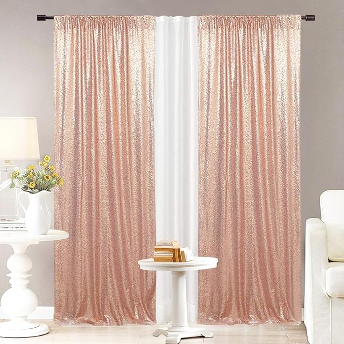 Eternal Beauty Rose Gold Sequin Backdrop Curtains, Shimmer Back Drop 4Panels-2FTx8FT for Christmas, Party, Birthday, Photography, Wedding, Baby Shower Event Decoration