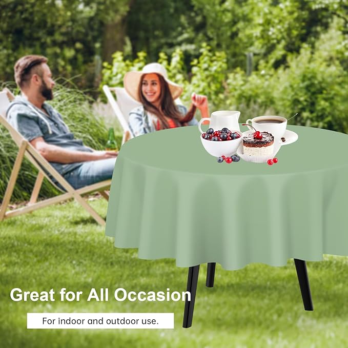 QIKSION Sage Green Round Tablecloth 3 Pack, 84 Inch Plastic Table Cover Disposable for Parties