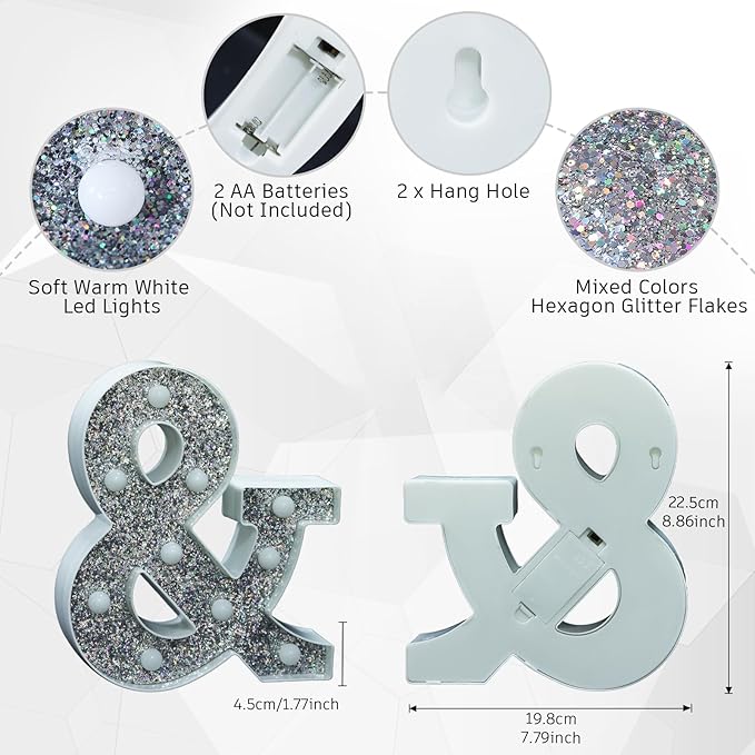 Marquee Light Letters for Table Decorations, Glitter Light Up Signs for Prom, Events, Engagement Party Decor, Alphabet & Number Lighted Letters, Symbol