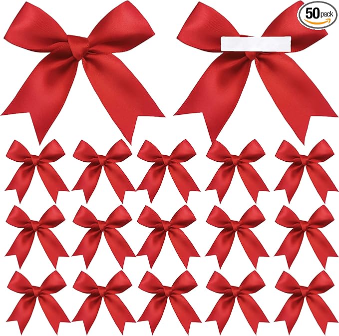 50 Pieces Gift Wrap Bows Premium Satin Ribbon Bows 3.3 Inch Craft Bows for Gift Wrapping DIY Treat Bags Holiday Gifts Bag Party Decorations, Wedding Decor Christmas Birthday Presents (Red)
