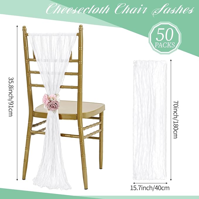 50 PCS Cheesecloth Chair Sashes, Bows Designed ChairSashes, 15.7x70 inch Chair Sashes for Aisle Decorations Universal Chairs Cover Decoration for Wedding Reception Party Banquet (White)