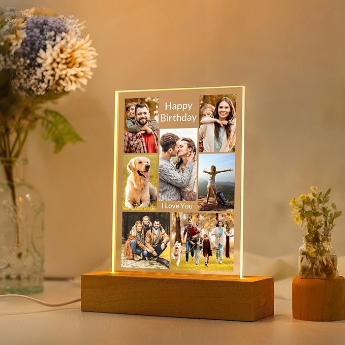 Personalized Birthday Gifts for Women and Men, Custom Picture Frames with Photo, Customized Photo Frame with Night Light, Personalized Anniversary Couple Gifts for Him and Her