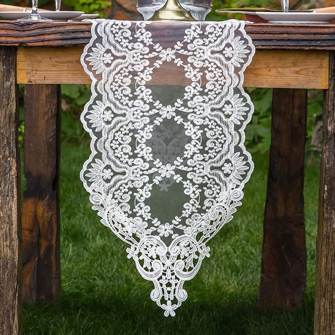 ARTABLE Rectangle Table Runner Lace Macrame Embroidered Table Runners with Exquisite Vintage Shabby Chic for Holiday Wedding Long Dinner Tables (White, 12 x 84 Inch)