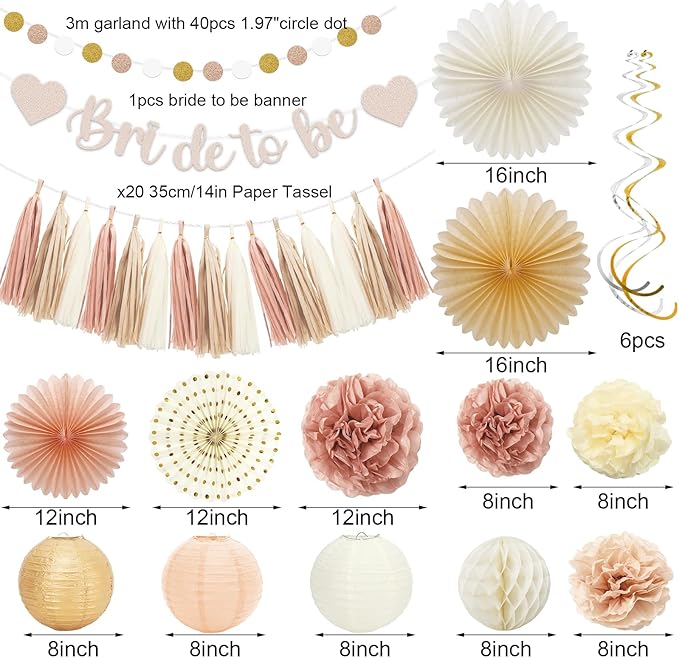 Whaline 22Pcs Boho Champagne Gold Pink Bachelorette Party Decoration Bride to Be Banner Hanging Lanterns Paper Fans Pom Poms Tassel Garlands for Wedding Bridal Shower Backdrop