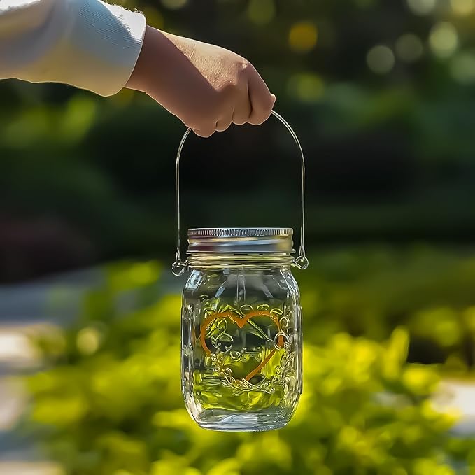 Hanging Solar Mason Jar Lights, 4 Pack Heart Shape Led Lights, Solar Lanterns Outdoor Waterproof Lights, Hangers and Jars Included, Gift for Mothers Day,Home Party Wedding Lover Garden Patio Decor (4)