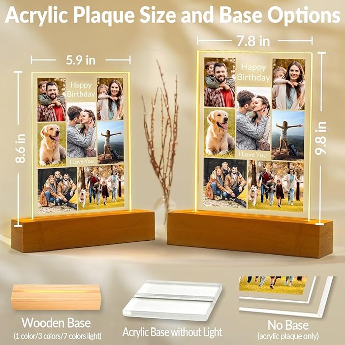 Personalized Birthday Gifts for Women and Men, Custom Picture Frames with Photo, Customized Photo Frame with Night Light, Personalized Anniversary Couple Gifts for Him and Her