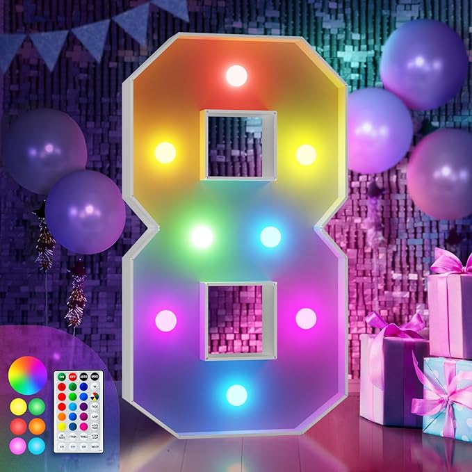 imprsv 3FT Colorful Marquee Numbers,18 Colors Number 8 with Remote, Light Up Numbers Sign for 1st Birthday Decorations Anniversary Party Decor, Pre-Cut Foam Board Kit, Mosaic Sign for Balloon