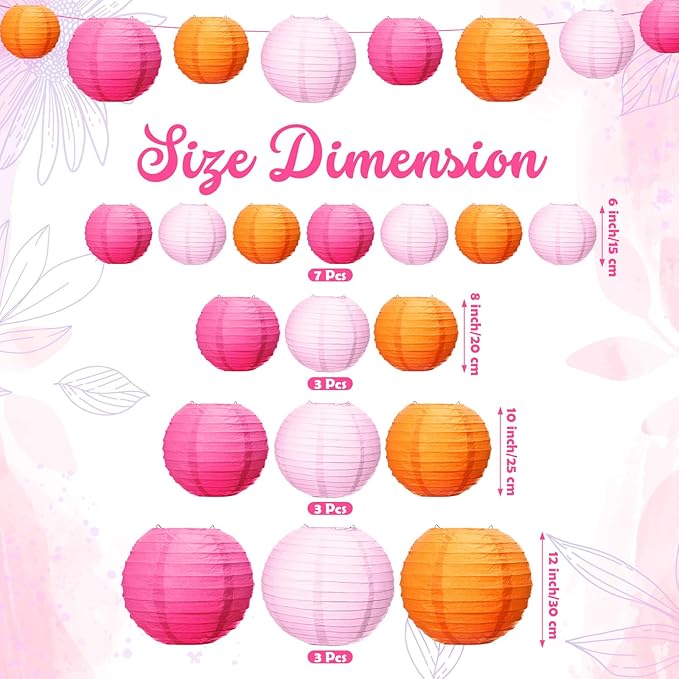 Riakrum 16 Pcs Pink and Orange Paper Lanterns Birthday Party Decorations Mixed Size 6'' 8'' 10'' 12'' Colorful Chinese Hanging Paper Lanterns for Wedding Home Decorations Supplies