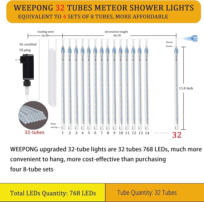 Christmas Lights Outdoor 32 Tubes 768 LEDs Meteor Shower Lights UL Certified Snow Falling Rain Drop Icicle String Light for Xmas Tree Halloween Decorations Wedding Party Garden Decor, Blue