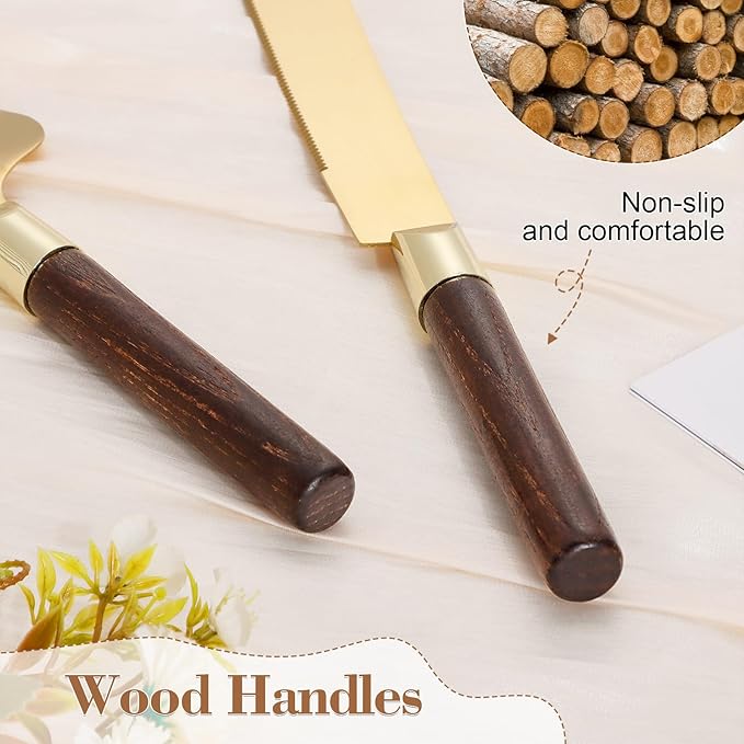 Gold Cake Cutting Set for Wedding, Wood Cake Knife and Server Set, Vintage 2-Piece Pie Cutter Set, Serrated Pizza Dessert Utensils, Bridal Birthday Quinceañera Gift (Walnut color)