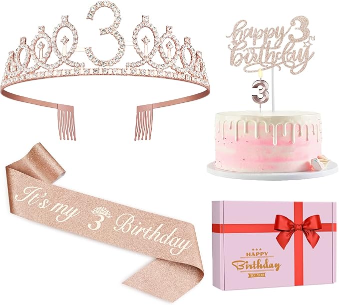 3rd Birthday Decorations for Girls, Including Sash, Crown/Tiara, Candles, Cake Toppers, 3rd Birthday Gifts for Girls