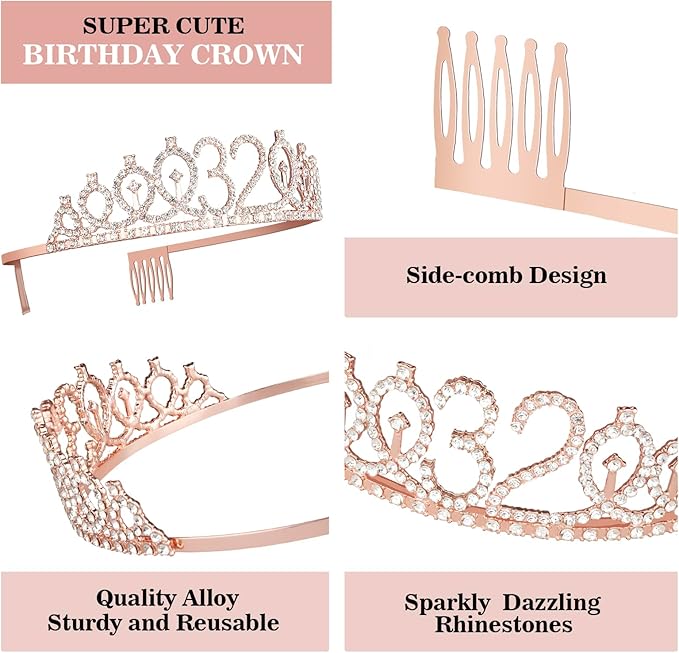 32 Birthday Decorations for Women Including Birthday Sash, Crown/Tiara, Candles and Cake Topper, 32 Year Old Gifts for Women, Rose Gold Party Decor Supplies