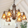 Vintage Farmhouse Chandelier, 27 Inch Adjustable Amber Glass Rust-Finish Metal Pendant Light Fixture for Living Room, Bedroom, Dining Room, Kitchen Lighting (6-Light)