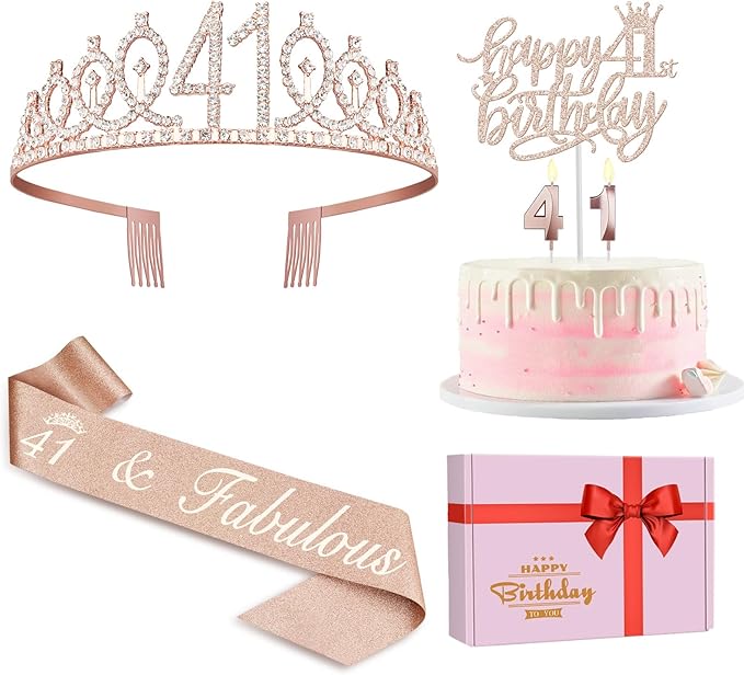 41 Birthday Decorations for Women Including Birthday Sash, Crown/Tiara, Numeral Candles and Cake Topper, 41 Year Old Gifts for Women, Rosegold Party Decor and Supplies